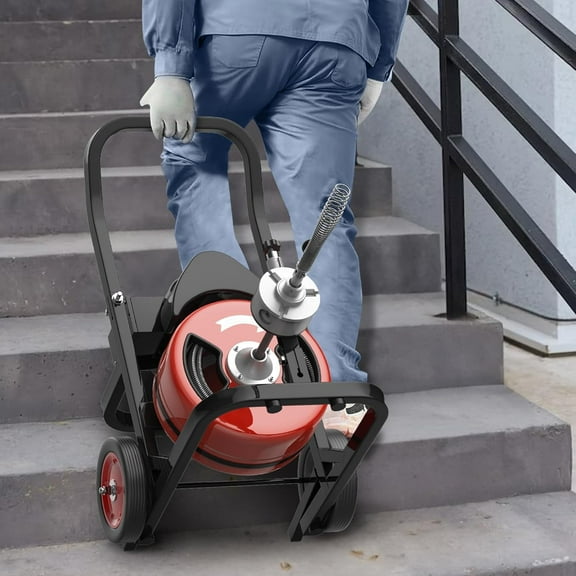 75/100 FT Drain Cleaning Machine, Auto Feed Sewer Snake Drill with Wheels, Pipe Spiral Cleaner with 4 Cutters and Pneumatic Foot Switch, for 2" to 4" Pipes