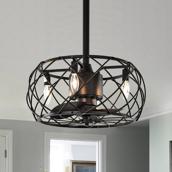 Warehouse of Tiffany CFL-8476S/MB Kjell 17 in. 4-Light Indoor Black Finish Remote Controlled Fandelier Ceiling Fan with Light Kit