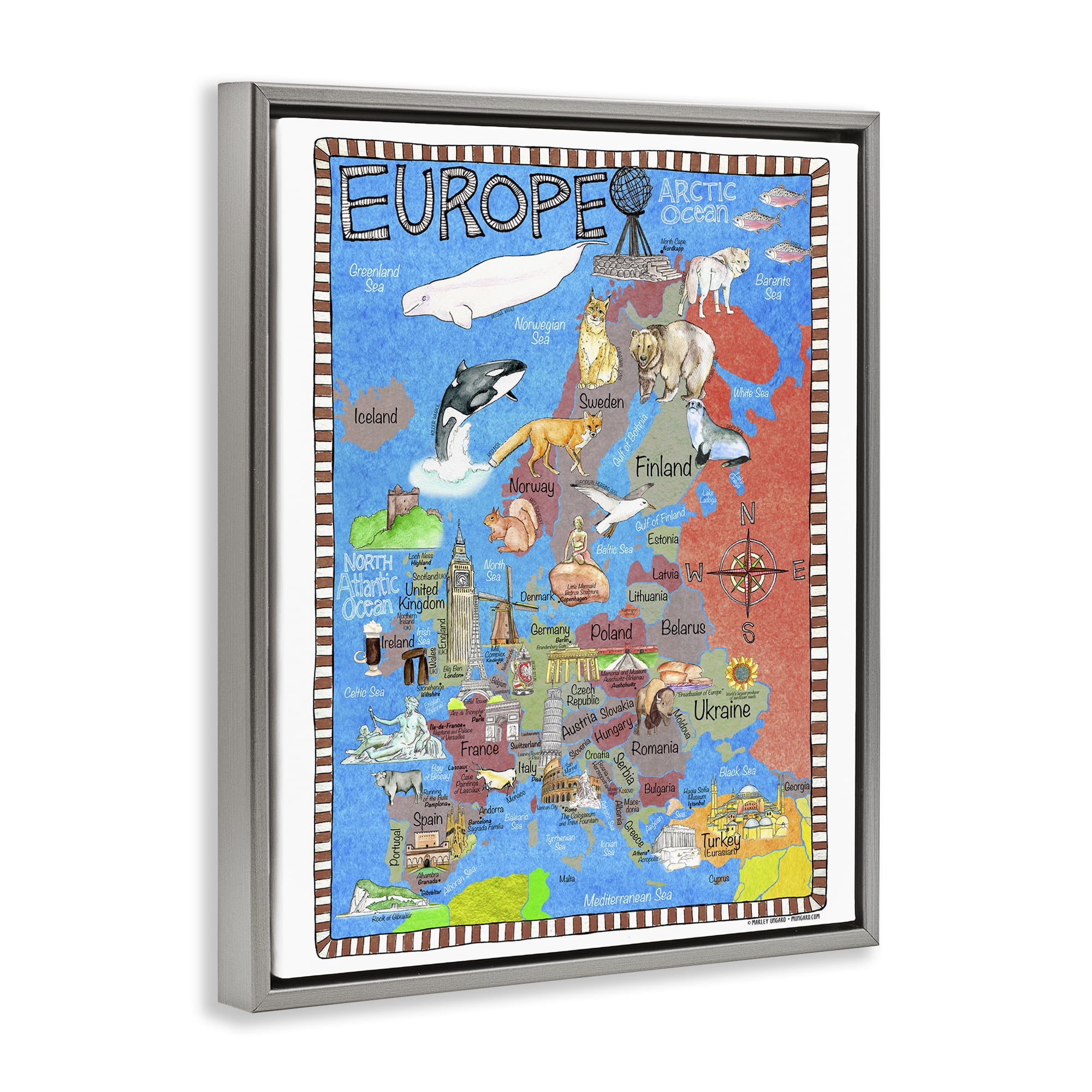 Stupell Industries Europe Animal Map Town & City Painting Gray Floater Framed Art Print Wall Art, 25 x 31