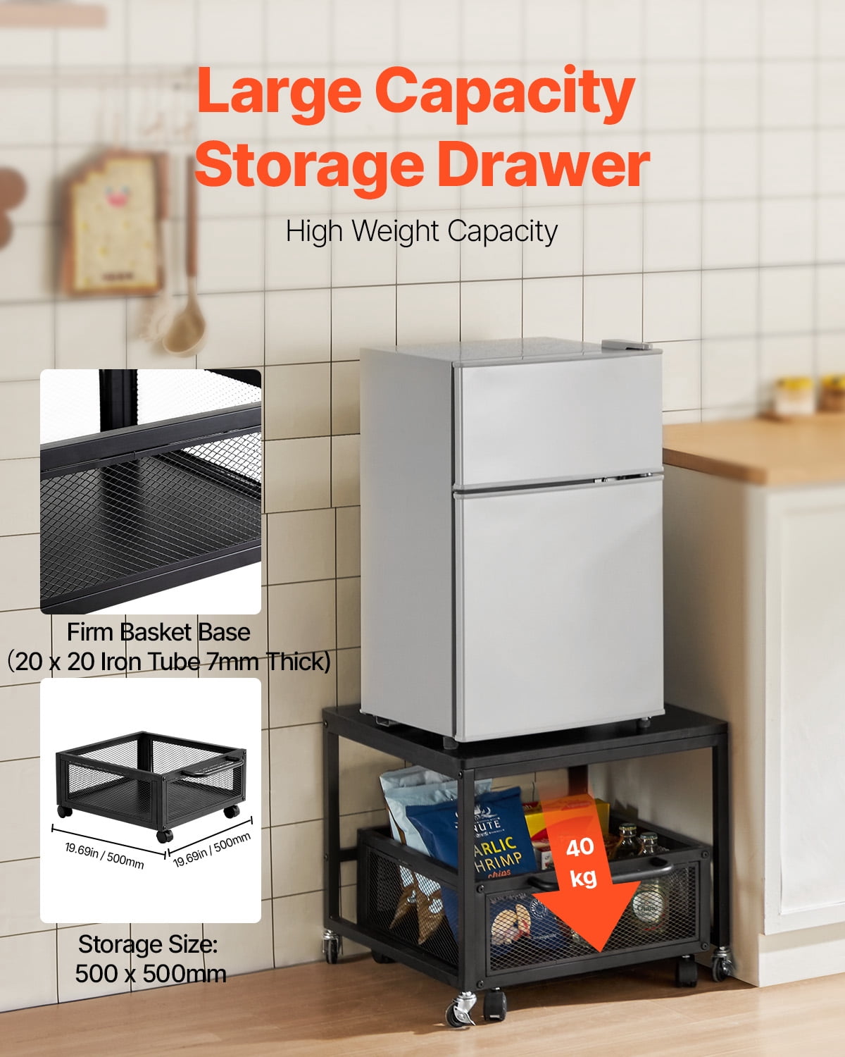 VEVOR Mini Fridge Stand with Storage,198 lbs Mini Fridge Table with Movable Storage Cart & Swivel Wheels, Beverage Refrigerator Stand for Coffee Bar, Mini Fridge Organizer for Office Home Dorm,Black