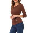 thumbnail image 4 of INSPIRE CHIC Women's Button Decor V Neck 3/4 Sleeve Solid Knitted Ruched Blouse M Dark Brown, 4 of 6
