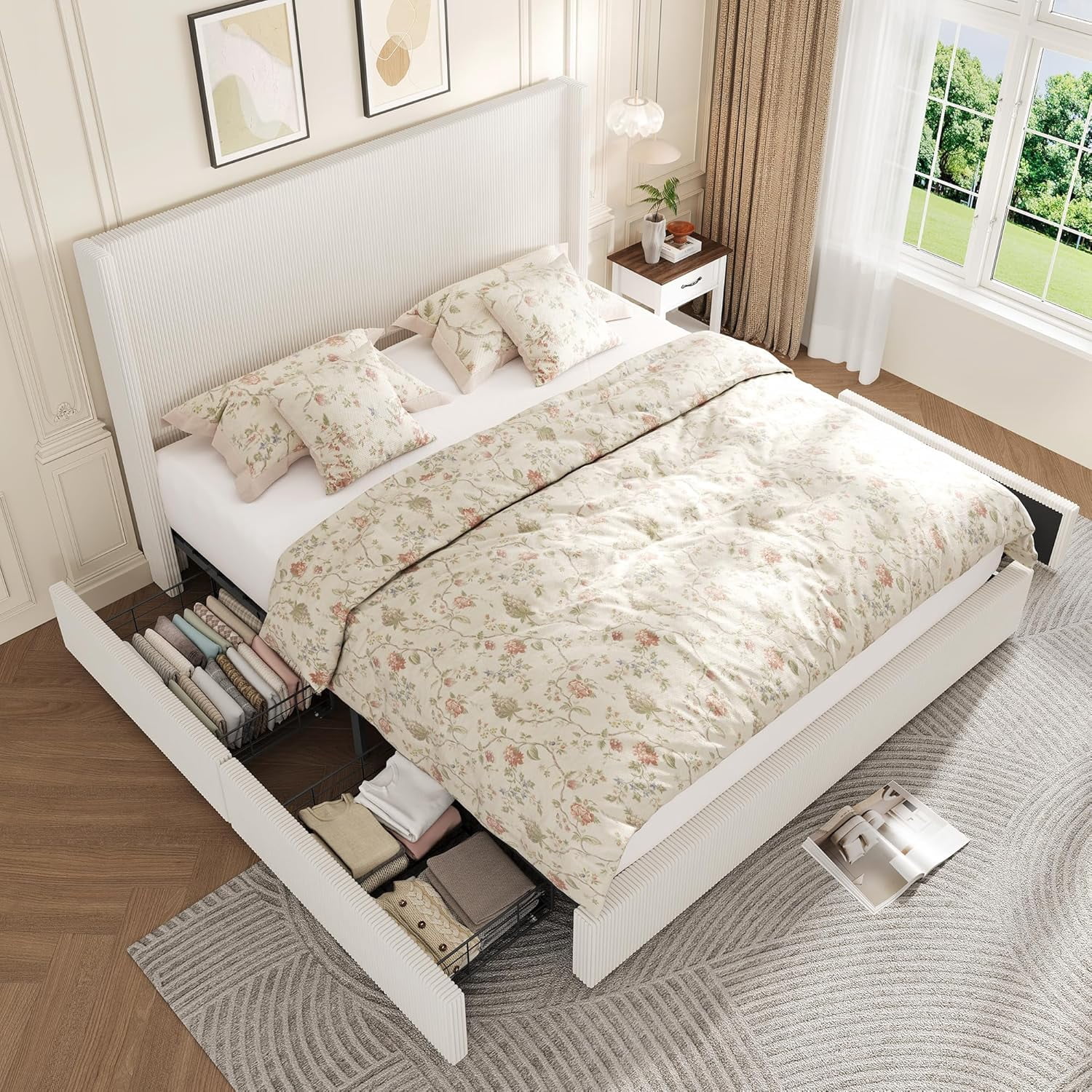 Garvee Garvee King Size Upholstered Platform Bed Frame with Storage Drawers, Corduroy Wingback with Tufted Headboard and Footboard, No Box Spring Needed, Easy Assembly, Beige