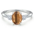thumbnail image 3 of Gem Stone King 10K White Gold Brown Tiger Eye and White Moissanite 3-Stone Ring for Women | 1.45 Cttw | Oval 8X6MM | Gemstone Birthstone | Size 9, 3 of 6