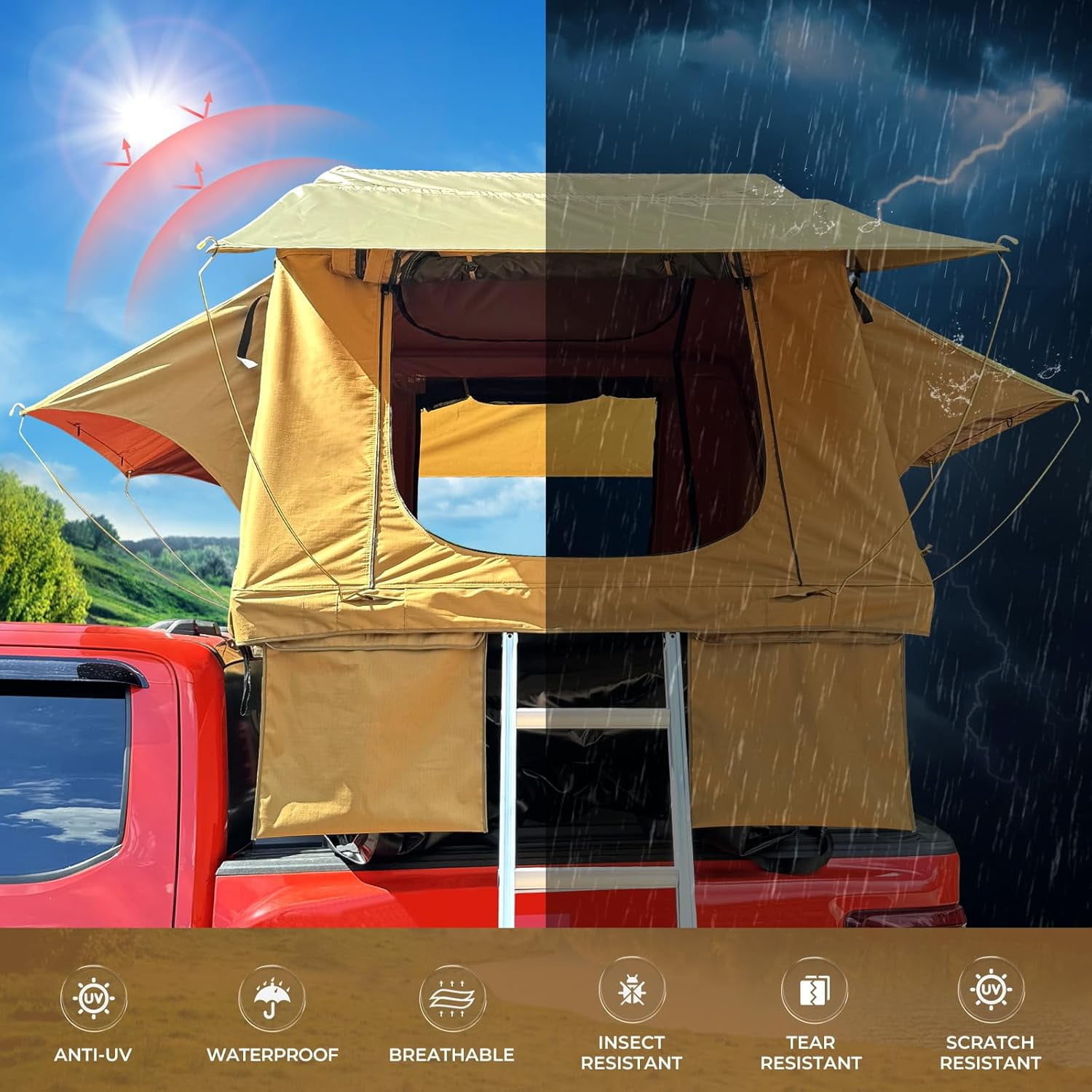 Rooftop Tent, 800D High Density Rip-Stop Waterproof with Telescopic Ladder Thick Mattress & LED Strip Light, 2-3 Person Family Camping roof top Tent for Car Jeep SUV Truck