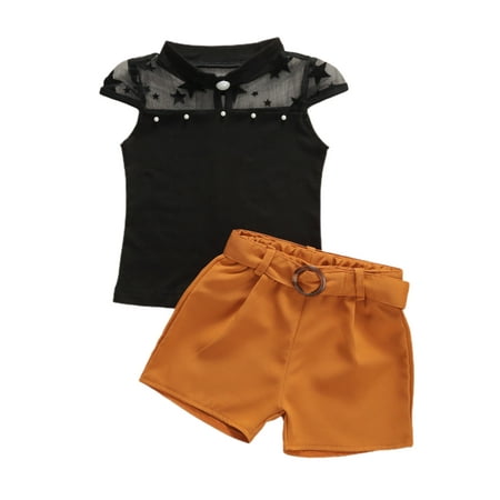 

Seyurigaoka Baby Girl Mesh Star Print Stand-up Collar Tops + Solid Color Shorts