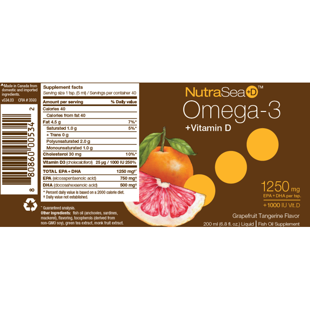 Ascenta NutraSea Omega3 Plus Vitamin D Liquid, Grapefruit Tangerine, 6.8 Fl Oz