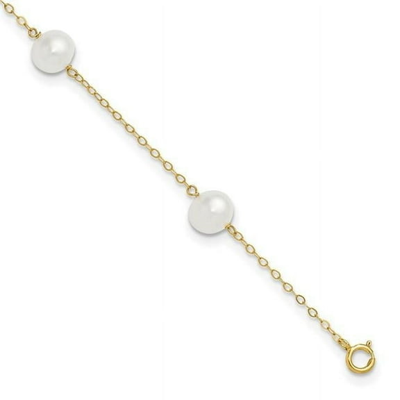 Primal Gold 14 Karat Yellow Gold 7-8mm White Near Round Freshwater Cultured Pearl 5-station Anklet