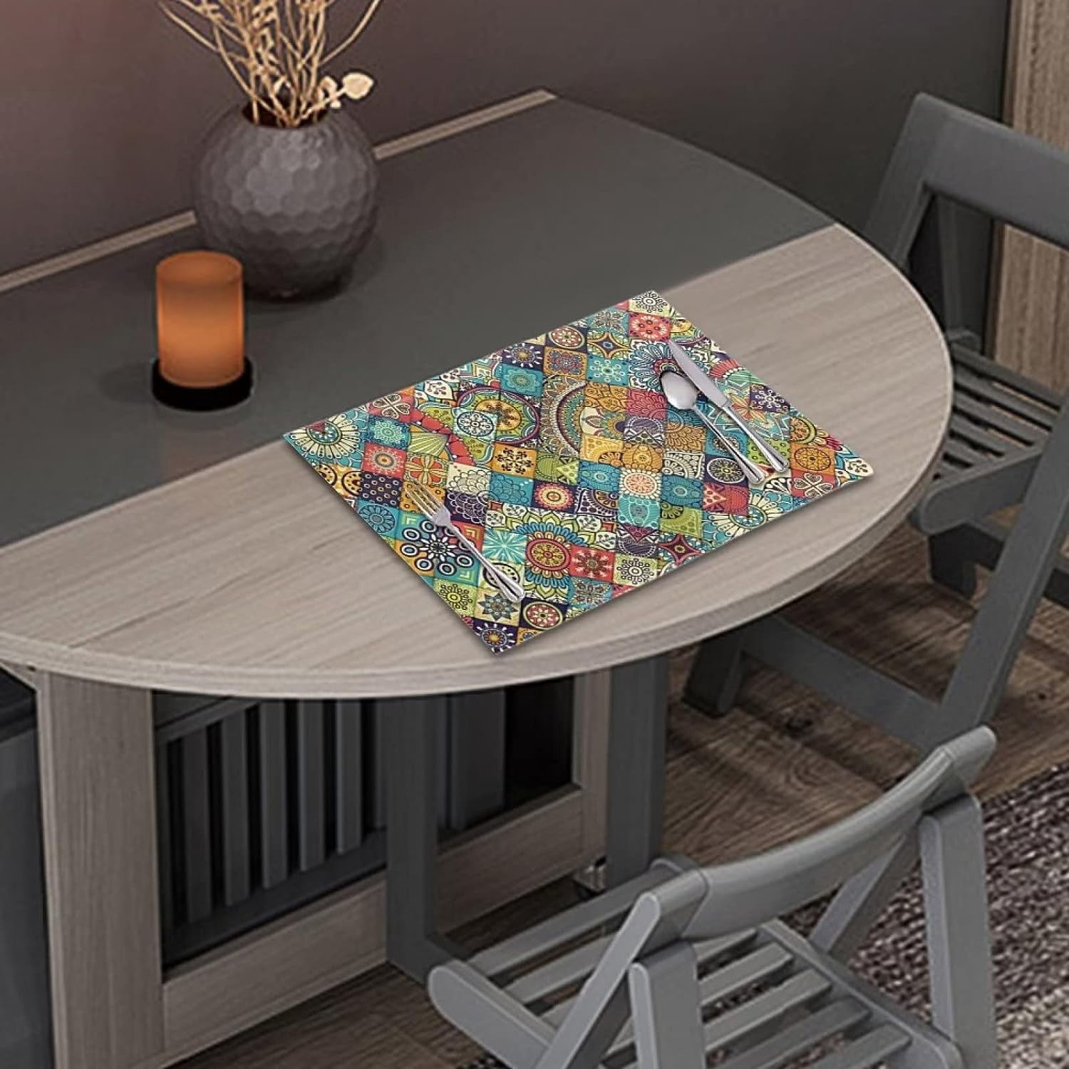 6 PCS Washable Tablemats for Home Farmhouse Beach, Easy to Clean Foldable Heat Resistant linen Weave Rectangle Table Mats, Bohemian Style