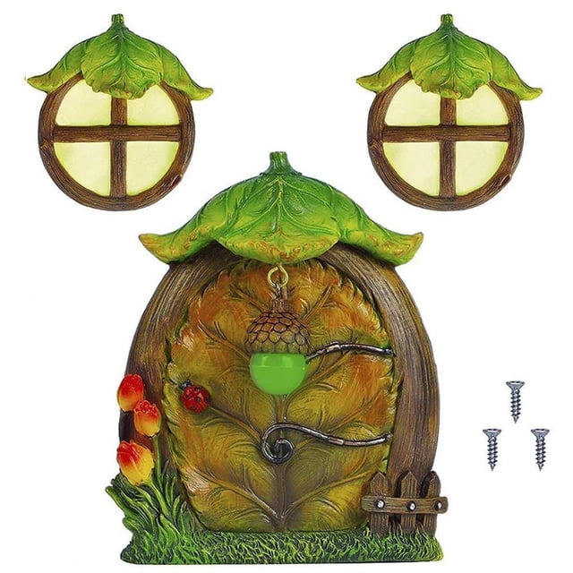 Puerta De Árbol De Hadas En Miniatura Y Ventanas Brillantes, Gnomo De Jardín De Hadas De Resina, Puerta De Casa Y Ventanas, Decoración De Árboles Para Jardín, Césped Noticed HA037167-00