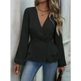 thumbnail image 2 of Women'S Elegant Solid Color Double Breasted Ruffle V-Neck Long Sleeved Shirt Black XXL, 2 of 8