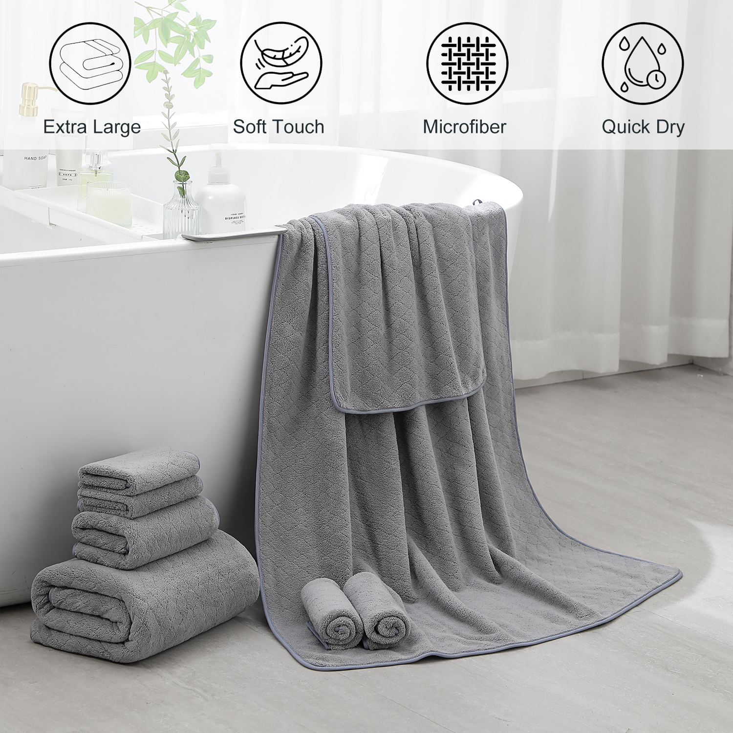 Beartech 8 Piece Microfiber Bath Towels Set - 2 Bath sheets,2 Hand Towels,4 Washcloths,Soft & Highly Absorbent Family Towels,Quick Dry & Less Lint Shower towels for Bathroom,Spa-Dark Gray