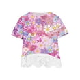 thumbnail image 3 of AJTQTH Tees for Girls Stylish Cute Floral Printed Tshirts Crewneck Short-Sleeved Tops Lace Patchwork Outfits Summer Casual School Holiday Clothes Pink 130, 3 of 4
