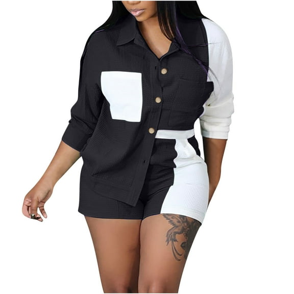 Usmixi Womens Lounge Set Womens 2 Piece Button Outfits Fashion Color Patchwork Lapel Long Sleeve Corduroy Shirts and Shorts Lounge Sets Ladies Jacket Shirt Matching Sets