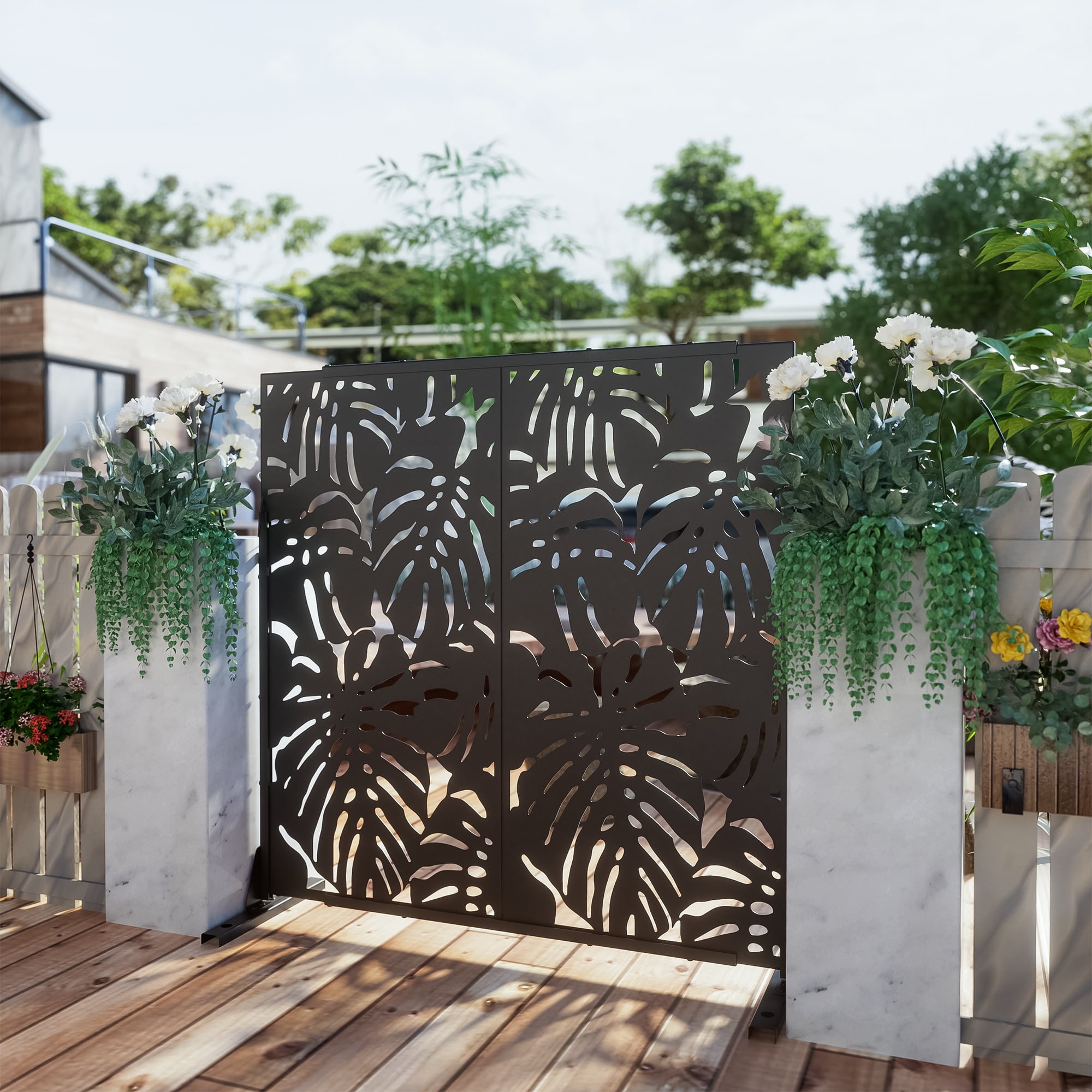 72"x47" Outdoor Privacy Screen with Stand Metal Balcony Decorative Screen,Black