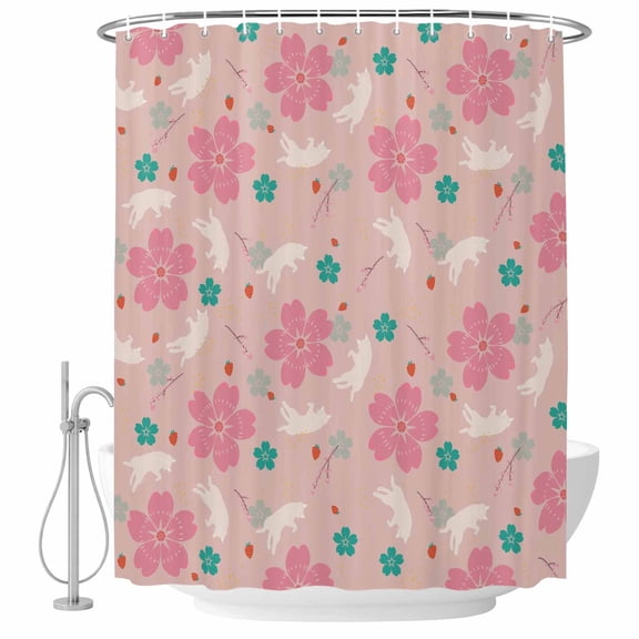 Pink Cherry Flowers Shower Curtain, Waterproof Shower Curtains for Bathroom, Cute Cat Vintage Farmhouse Rustic Washable Fabric Bathtub Curtain Set Bath Decor with 12 Hooks 48"x72"