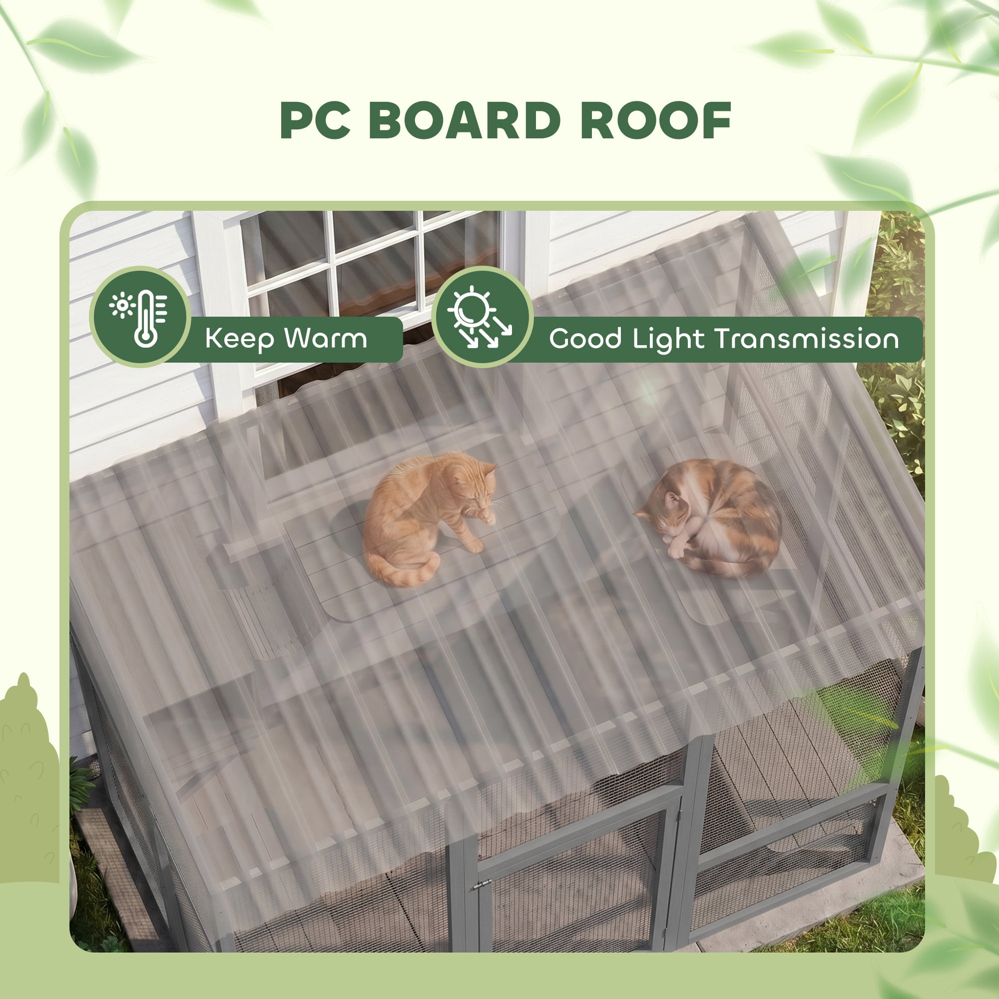 PawHut Catio, Outdoor Cat Enclosure Window Box Wooden Cat House w/ Weather Protection Roof for 2 Kitties with Resting Box, Platforms & Bridge, Gray