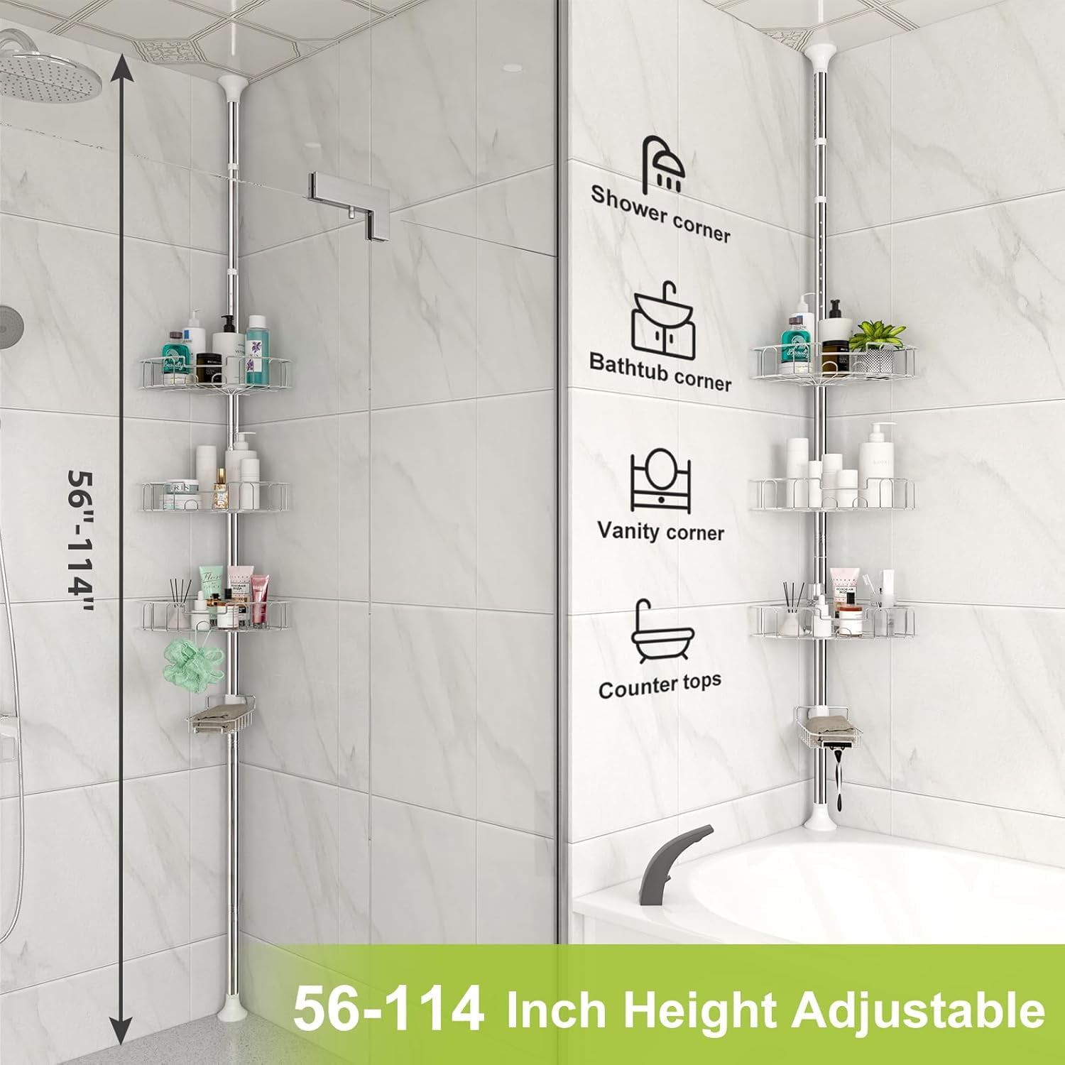 Silver Shower Caddy Corner Tension Pole, Stainless Steel AdjustableCorner Shower Caddy Stand for Bath Inside Shower Organizer Storage, Rust-Resistant, 54 to 125 Inch