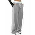 thumbnail image 2 of Women'S Contrast Color Waistband Sweatpants Wide Leg Pants with Drawstring Buckle Light Linen Gray XL, 2 of 8