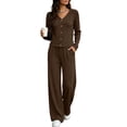 thumbnail image 3 of Women's 2 Piece Casual Knit Set V Necklinen Full Buttom Down Top Wide Leg Pants Casual Suits for Fall Brown 2XL, 3 of 6