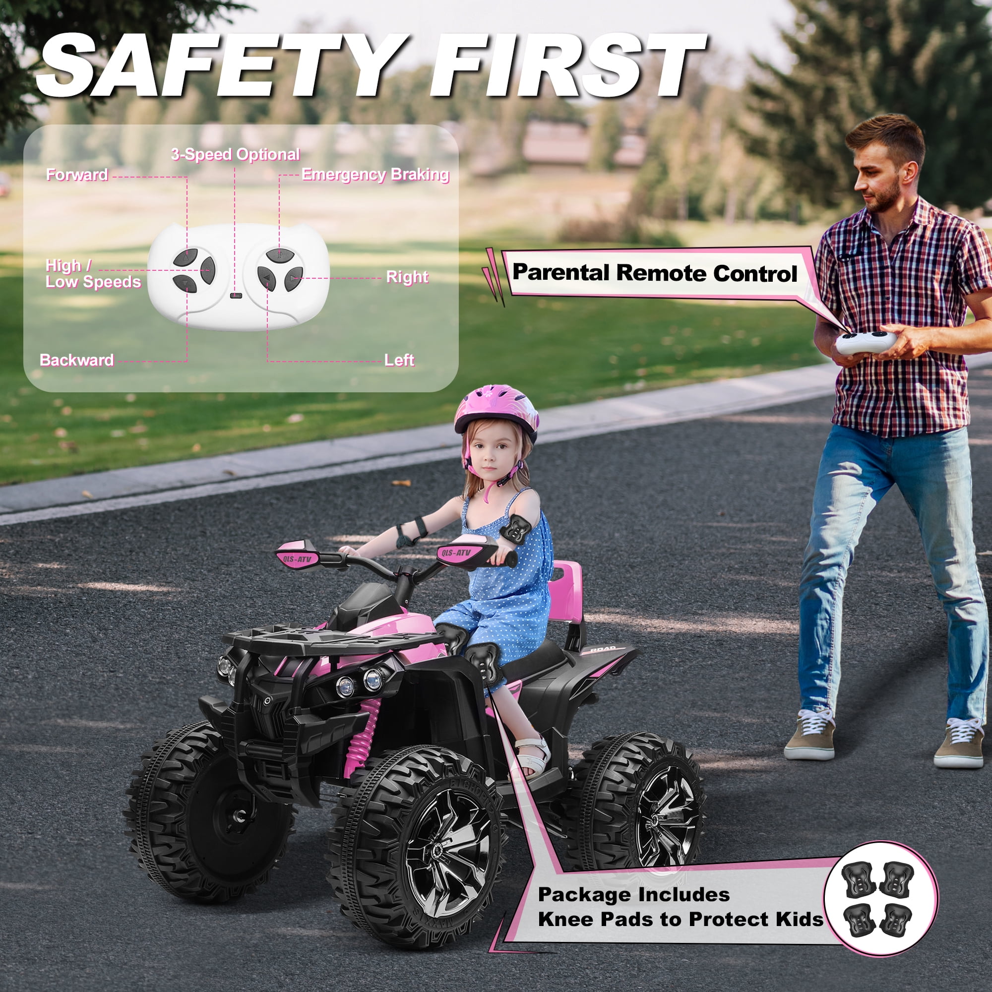 800W Dirt Quad w/ Remote Control - 24V Powered Ride on ATV, Electric Powerful 4-Wheeler for Big Kids, Up to 5.5 mph, Knee Pads, Pink