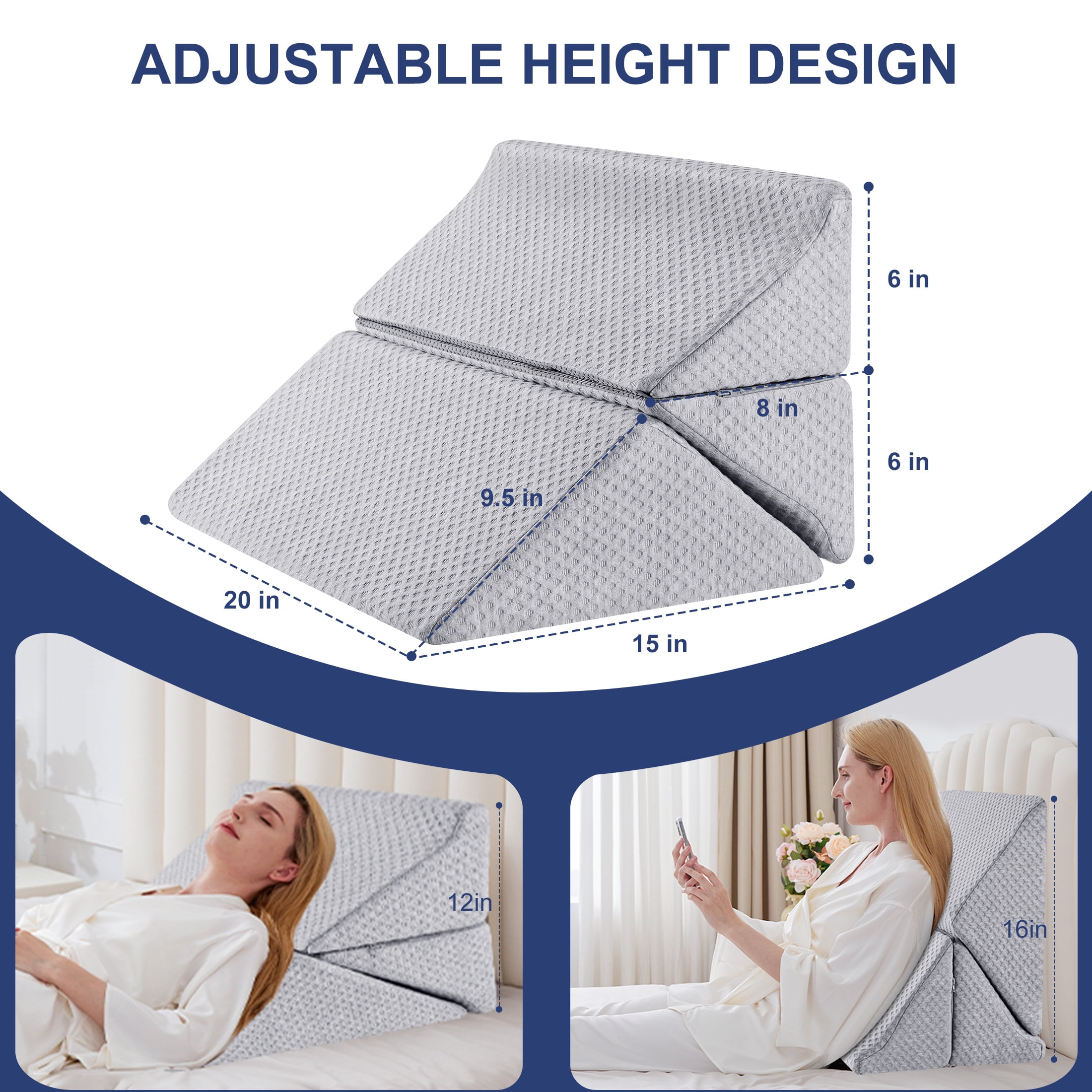 MOONORAH Wedge Pillow Set for Sleeping Post Surgery & Apnea，3 in 1 Memory Foam Reading Pillow, Orthopedic Bed Wedge Pillows Headboard for Acid Reflux, Leg Pain & Back Pain Relief - Gray
