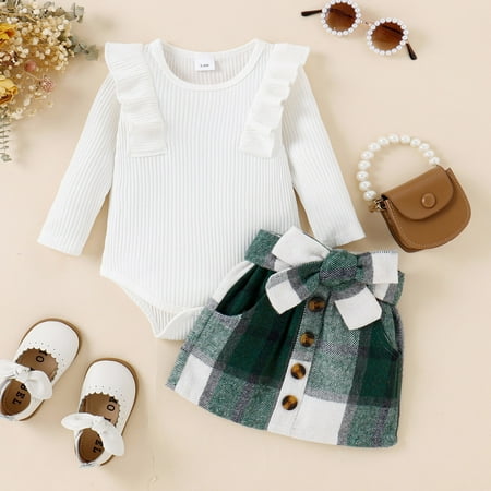 

NIUREDLTD Girls Ruffles Long Sleeve Solid Ribbed Romper Plaid Prints Bow Tie Skirt Outfits