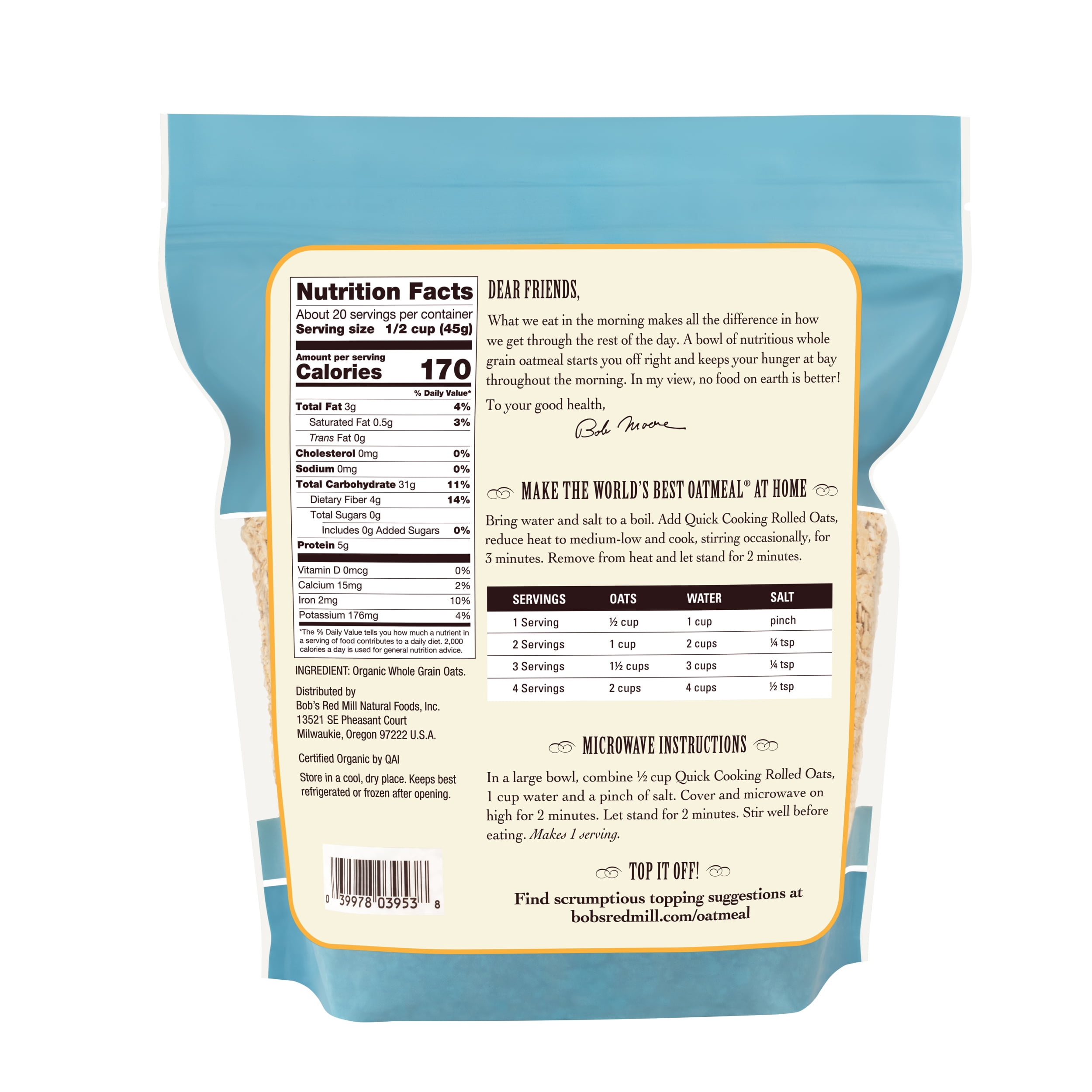(4 pack) Bob's Red Mill Organic Quick Cooking Rolled Oats, 32 oz Bag