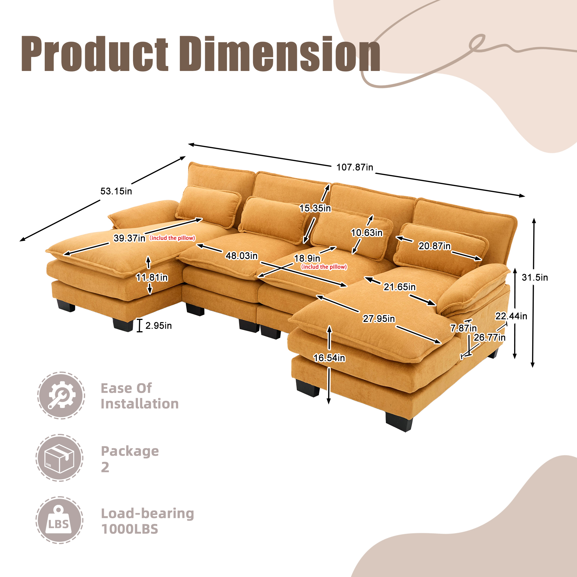 MOONMISS Chenille Upholstered U-Shaped Modular Wood Frame Sleeper Sectional Sofa with Double Chaise-Yellow
