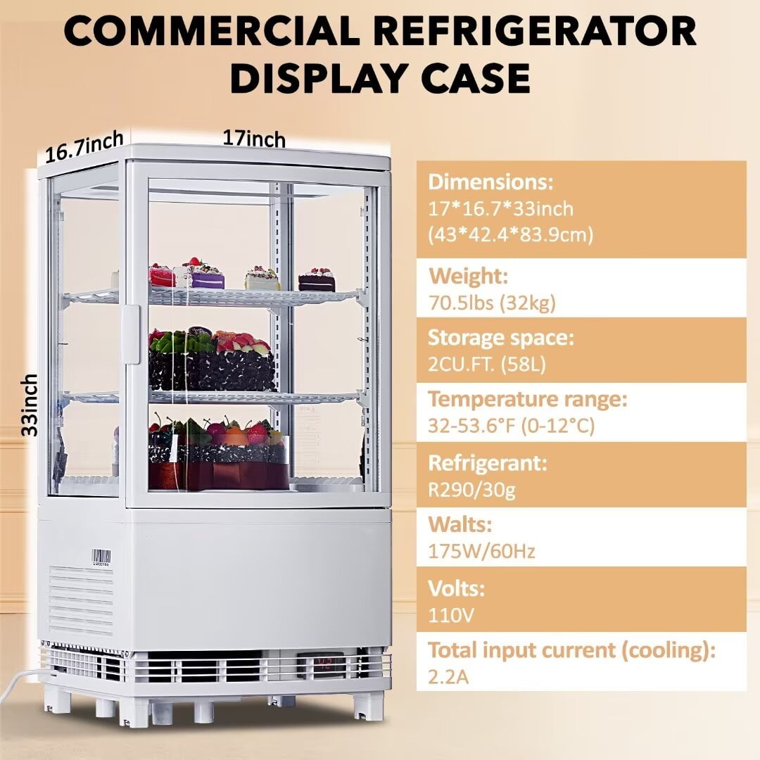 Commercial Refrigerator Display Case 2 Cu.FT, Double-Layered Glass Display Cake Fridge with Interior LED Lighting, Adjustable Shelves