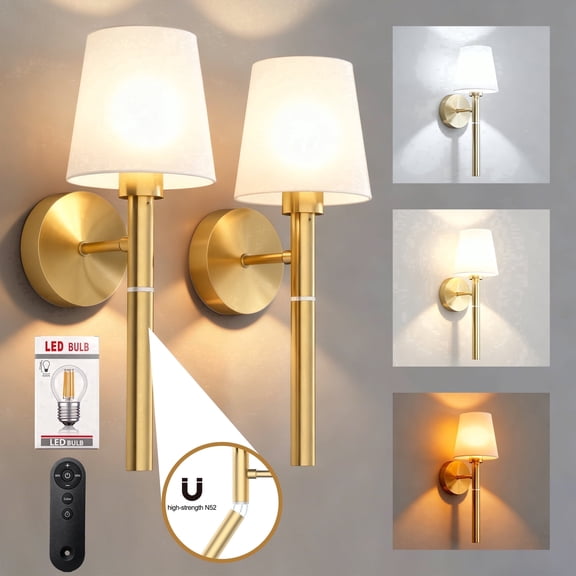 Govvep Battery Operated Wall Sconces Set of 2,Rechargeable Wireless Wall Lights with Remote, 3 Color Dimmable LED Sconce Light for Hallway Living Room Bedroom