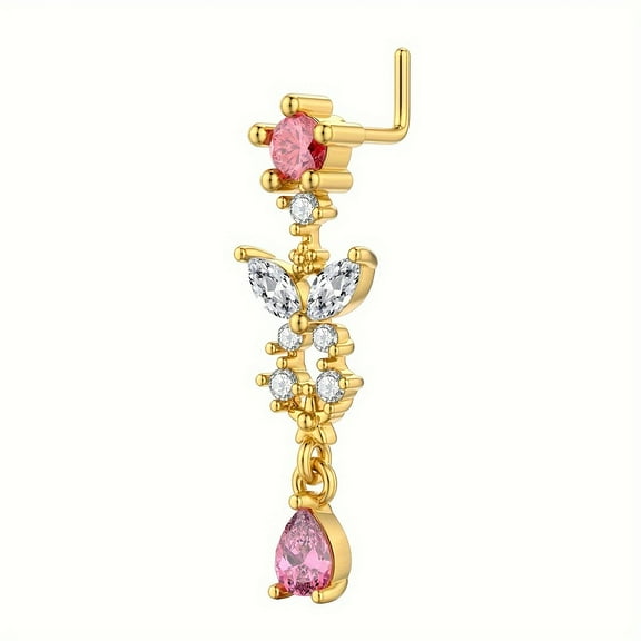 Brass Pave Hot Pink Cubic Zirconia Dangle L-Shaped Nose Rings Golden Butterfly 5~24x4~9mm