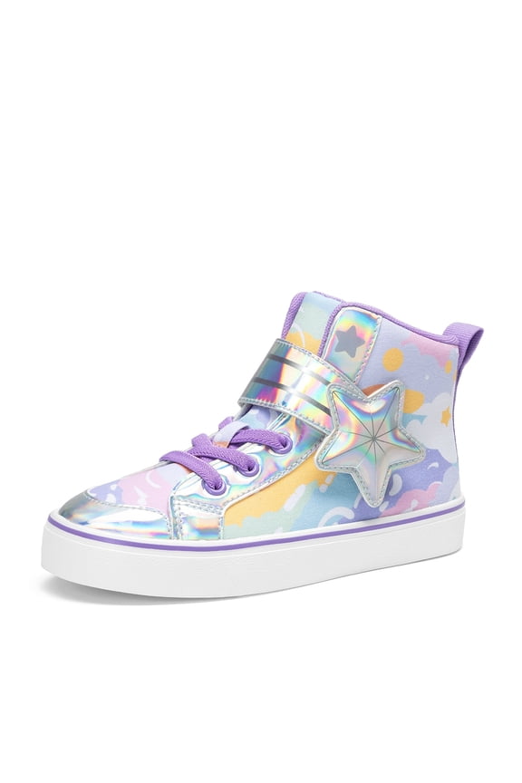 Girls Star High-Top Sneakers with Hook and Loop, Sparkly Rainbow Casual Shoes