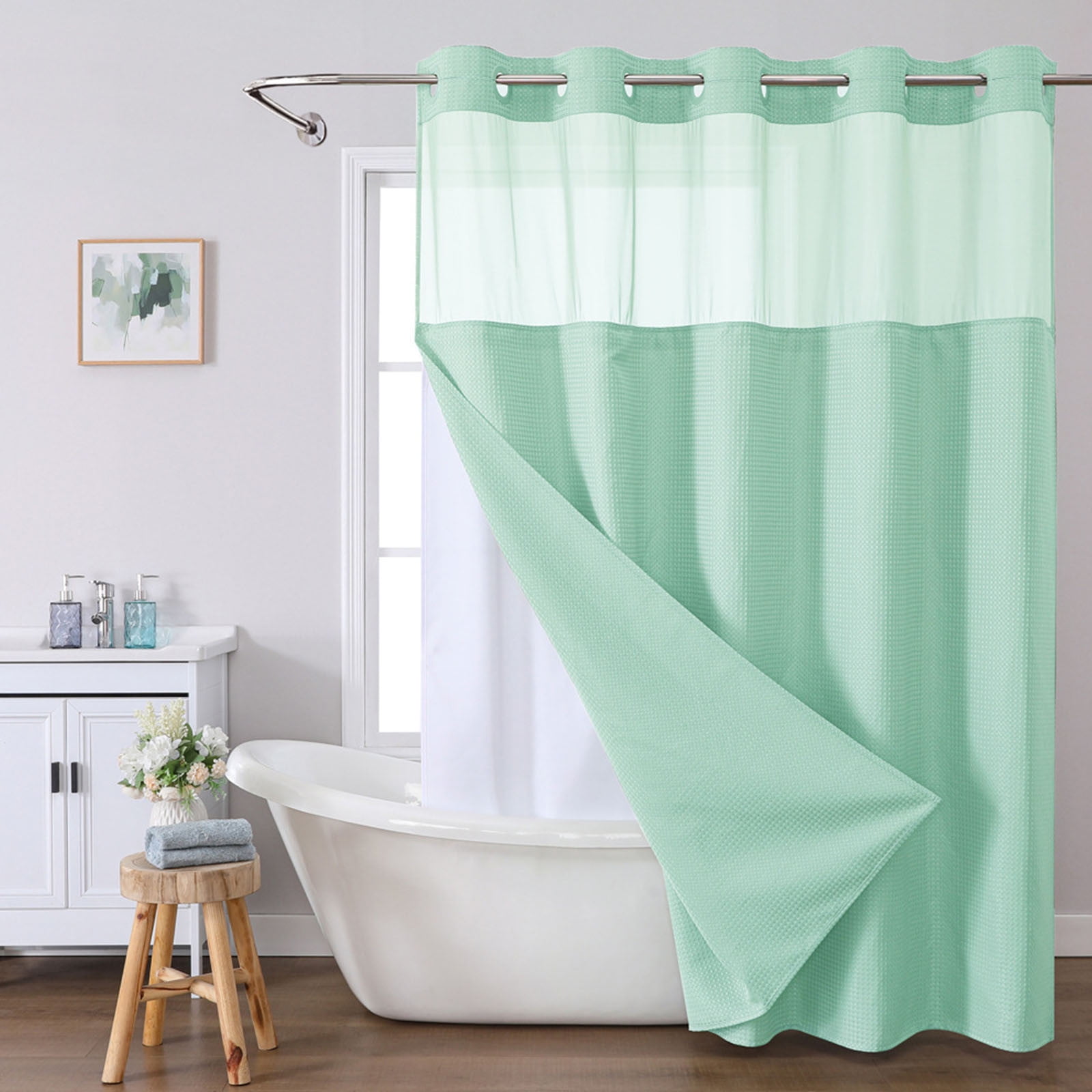 Waffle Weave Heavy Duty Shower Curtains, No Hook Shower Curtain with Snap in Fabric Liner, Hotel Style Waterproof Bathroom Curtain Set, 72 x 64 Inch