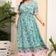 thumbnail image 5 of Vestido de verano con estampado de tallas grandes para mujer, cuello en V, manga corta, cintura elástica, vestido de playa, vestido de sol, vestido midi fluido con volantes Pompotops ghjkhdj16034, 5 of 9