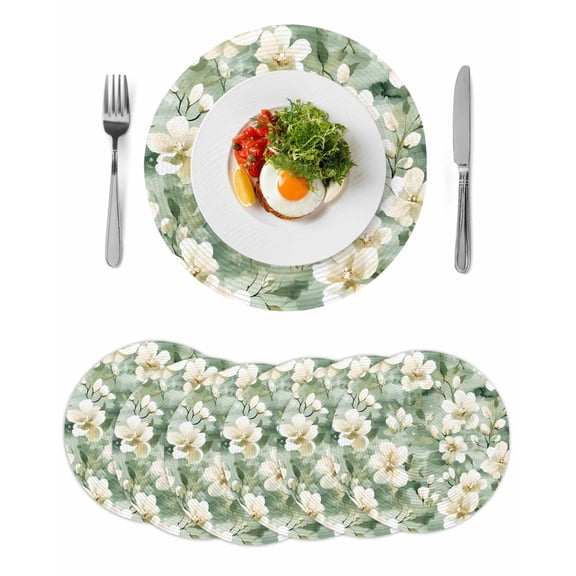 Sage Green Spring Floral Round 13 Inch Placemats Set of 6, Summer Botanical Farmhouse HeatResistant Non Slip Place Mats for Dining Table, Wipeable Braided Kitchen Table Mats for Housewarming