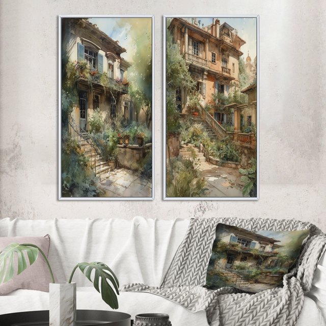 Designart "Country Cottage Entry Rustic Charm IV" Farm Framed Wall Art Set Of 2 - Country White Framed Canvas Set For Living Room Decor