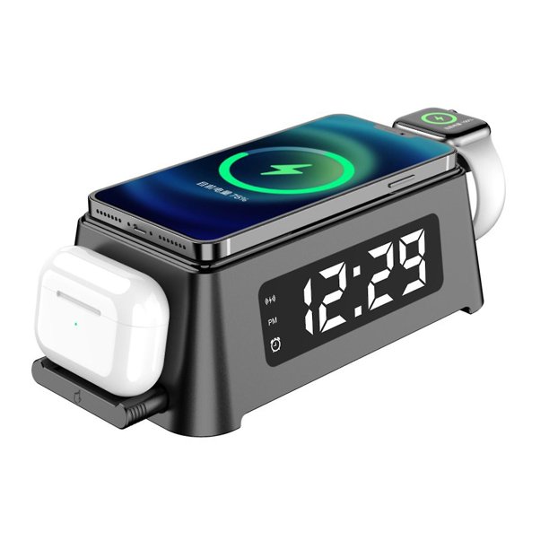 Cargador inalámbrico con despertador digital, estación de carga compatible con Iphone/iwatch/airpods