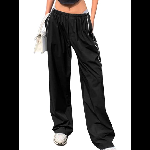 Pantalones de Paracaídas para Mujer, Pantalones Holgados de Pierna , Pantalones Deportivos con Cintura Elástica Y2K, Pantalones Deportivos, Ropa de Calle Negro L