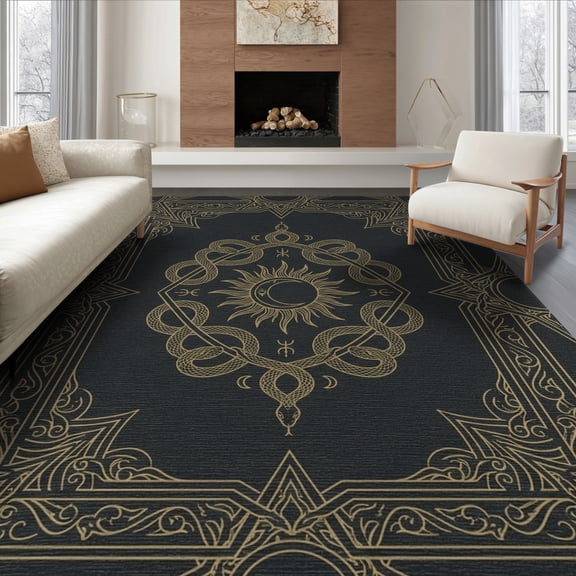 ODIKA 8'x10' Washable Area Rug Design With Gothic Star Border And Serpent Coils Snake Vintage Celestial for Dining Room, Large Office, Lounge, Non-Slip Chair-Friendly Mat