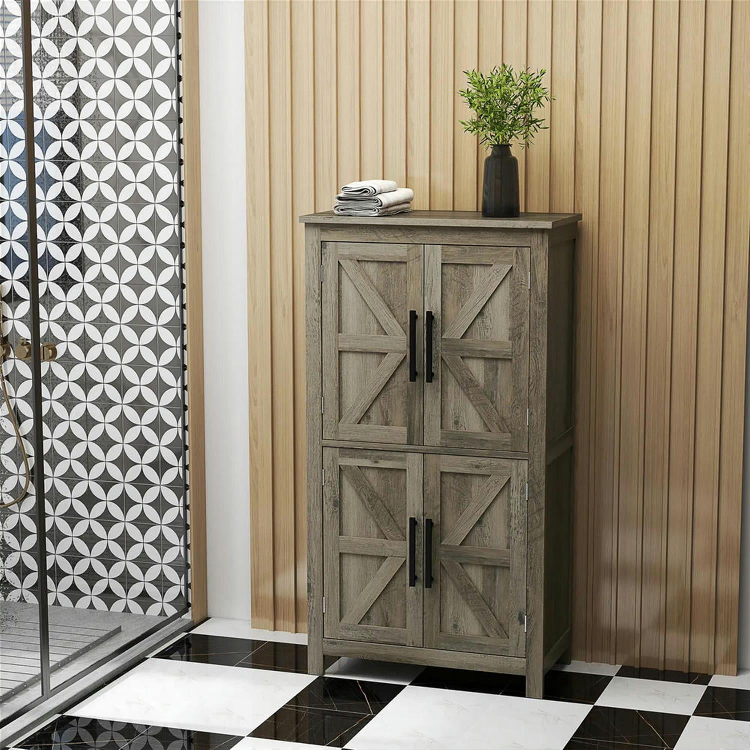 Demi Bonn 43" Farmhouse Bathroom Floor Cabinet, Freestanding Storage Cabinet with Adjustable Shelf and 4 Doors, for Living room, Entryway, Kitchen, Gray