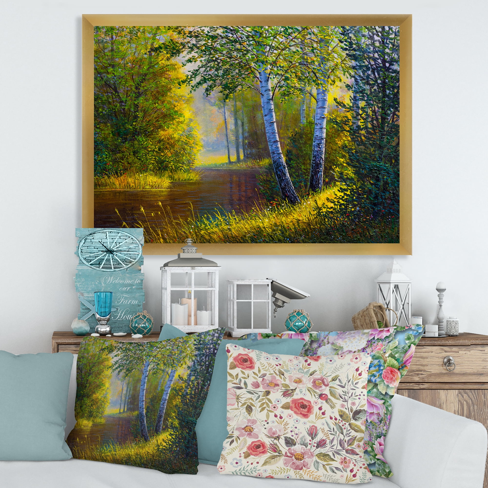 Designart 'Sunrise Glow Through The Birches II' Lake House Framed Art Print