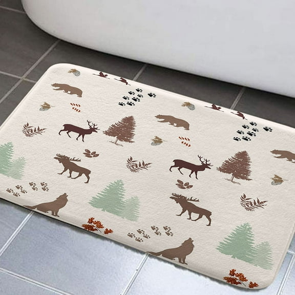 Cabin Bathroom Rugs, Bear Elk Moose Wolf Pine Forest Wildlife Rustic Non-Slip Bath Rugs, Farmhouse Bathroom Rugs Set Bear Elk Moose Wolf Wildlife Rustic Bathroom Rug Mat 17x29inch Soft Bath Rugs
