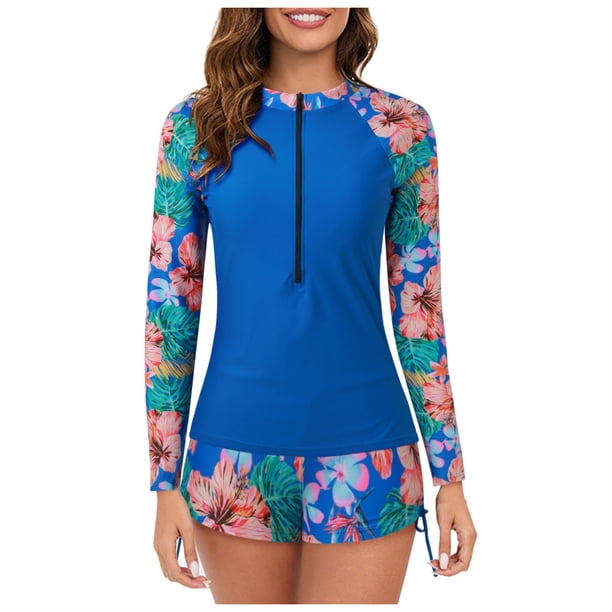 MKLEKYY Traje De Baño Mujer Women'S Long Sleeve Rash Guard Swimsuit Printed Zipper Surfing Swimsuit Bathing Suit