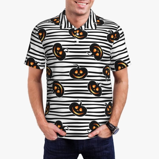 Fotbe Haloween Pumpkins Camiseta Polo de Golf para Hombre con Estampado – Camisa Deportiva Transpirable con Cuello Abotonado-Large