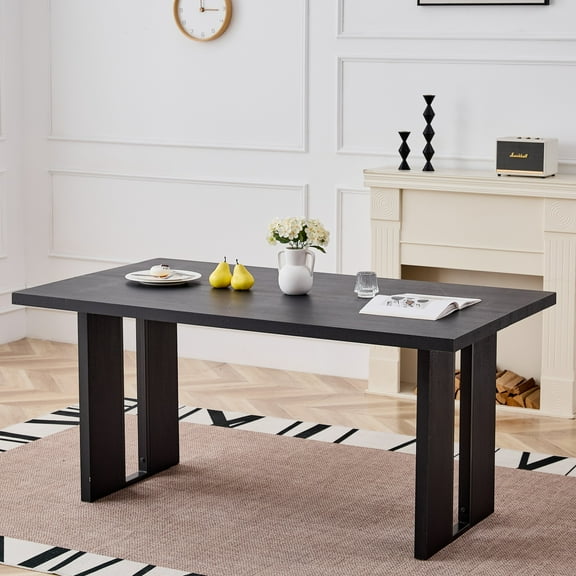 63" Rectangular Dining Table for 4 6 People - Wood Strip Base, Modern Farmhouse Dinner Table for Kitchen, Dining Room, Living Room & Home Office