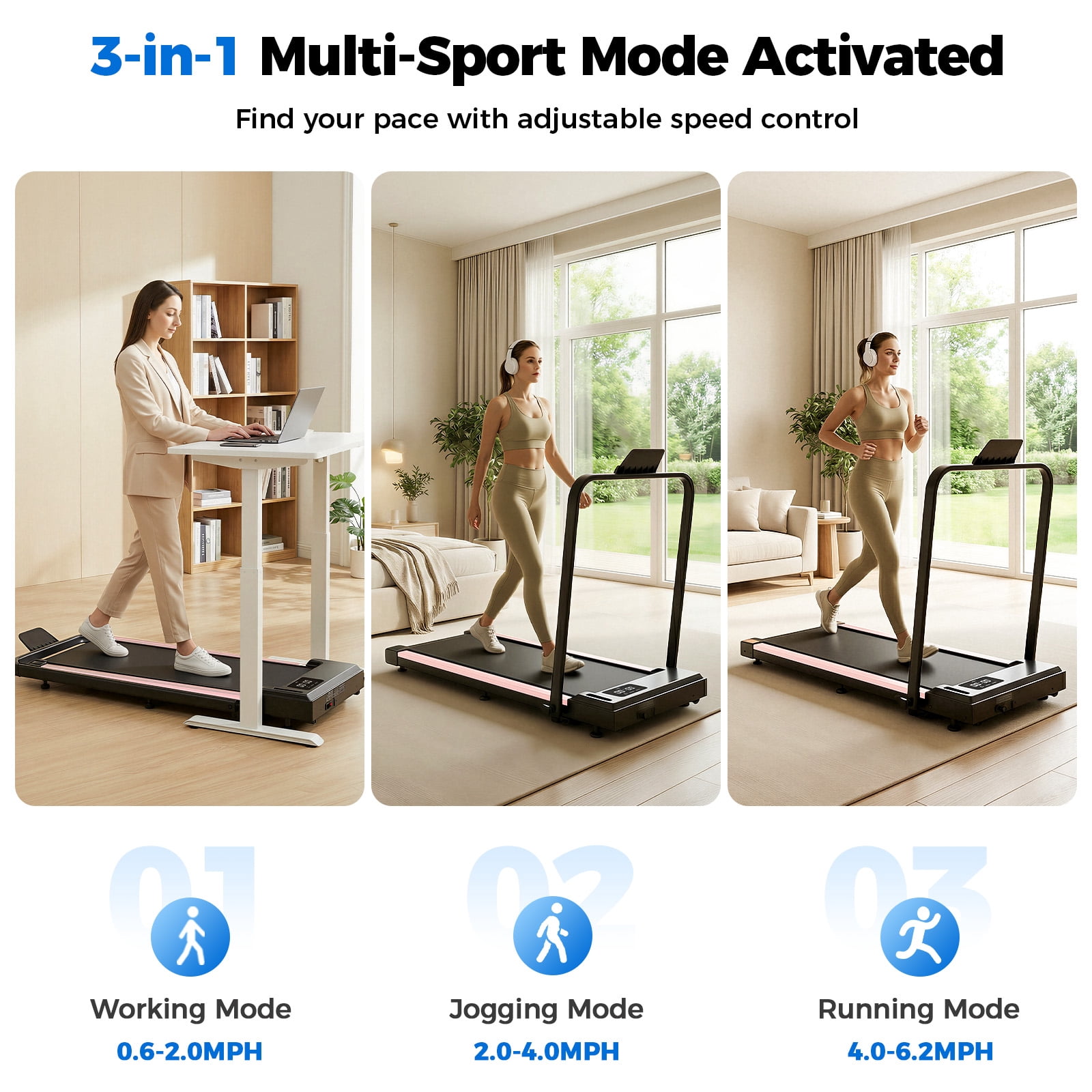 Treadmill with Handles, Small Treadmills Home, Portable Electric Treadmills for Home 300 lbs Capacity,Walking Pad Treadmill
