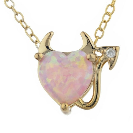 Pink Opal & Diamond Devil Heart Pendant 14Kt Yellow Gold Silver
