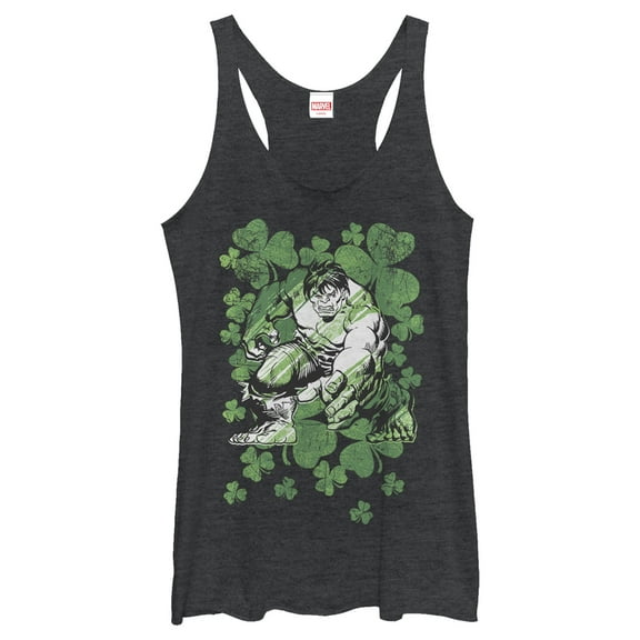 Women's Marvel St. Patrick's Day Hulk Clover Field  Racerback Tank Top Black Heather Medium