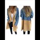thumbnail image 1 of Abrigo de Larga con Solapa con Muescas y Doble Botonadura para Mujer, de Mezclilla con Empalmes de Piel Sintética de Gamuza. Azul L, 1 of 7