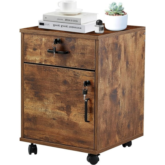 Lorelia Mobile File Cabinet with Lockable Drawer & Door, Under Desk Rolling Filing Cabinet with 4 Wheels, Wooden Stationery Storage Cabinet for Home Office (Rustic Brown)